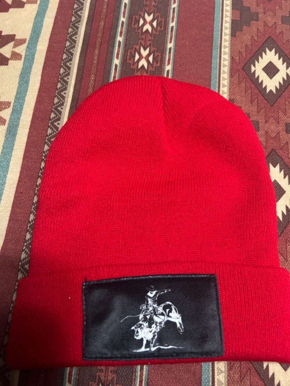 NWT Red Knit Beanie Hat with Bullrider Patch -
